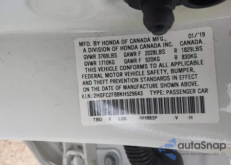 2019 Honda Civic Sport z USA, uszkodzony, nr VIN 2HGFC2F88KH529643